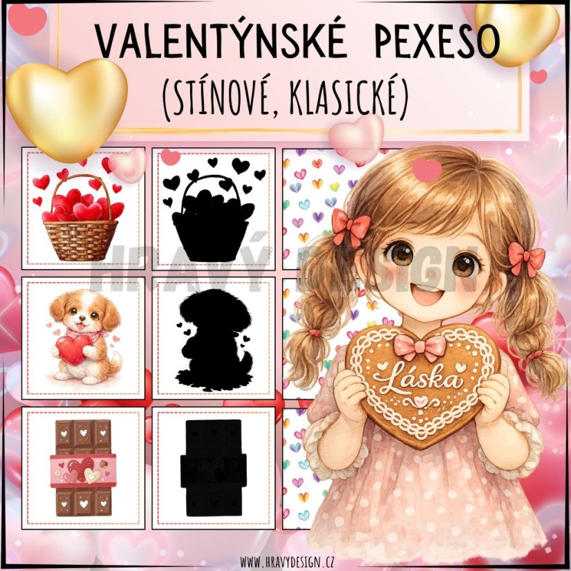 Valentýnské stínové (nebo klasické) pexeso