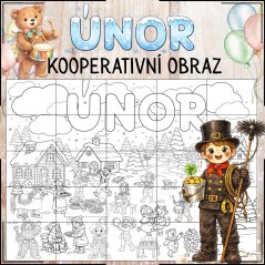 Kooperativní obraz, omalovánka - ÚNOR. PDF pro děti 
