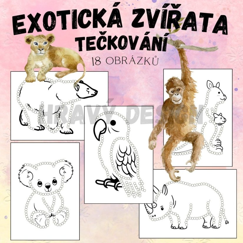 Šablony na tečkování vatovými tyčinkami na téma exotická zvířata pro děti. 