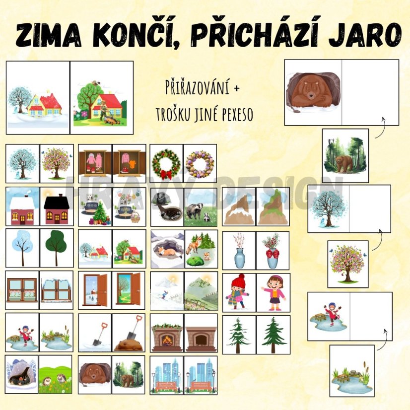 Pexeso s tématem "Zima končí, přichází jaro" – zábavná hra pro děti s obrázky symbolizujícími přechod mezi zimou a jarem.